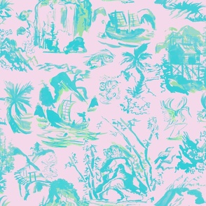 John's Toile Aqua Lime on Pale pink