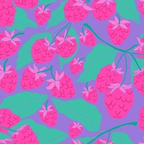 Hand Drawn Half Drop Repeat Seamless Pattern with Abstract Raspberries and Green Branches featuring Purple Background.