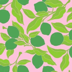 Hand Drawn Half Drop Repeat Seamless Pattern with Abstract Limes and Branches featuring Light Pink Background