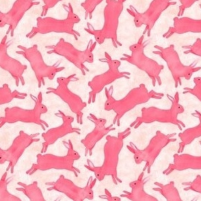 Coral Pink Rabbits Jumping - Ditsy  Scale - Light Orange Bckg Bunny Bunnies Easter Spring