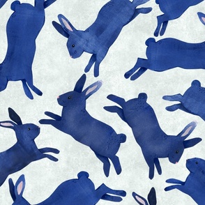 Blue Rabbits Jumping - Large Scale - Light Grey Bckg Bunny Bunnies Easter Boy Nursery