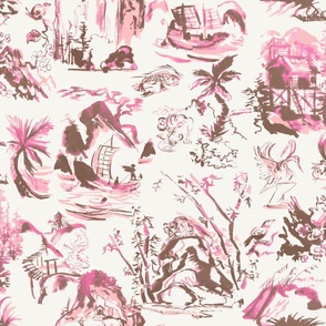 John's Toile Chocolate brown with coral pink on cream 