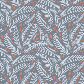 Hand-drawn Winter Christmas Pine Tree in  dusty blue and orange