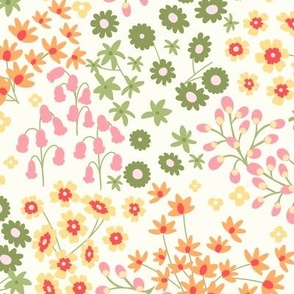 Happy Indie garden flowers in pink, green, yellow, orange on natural white large scale