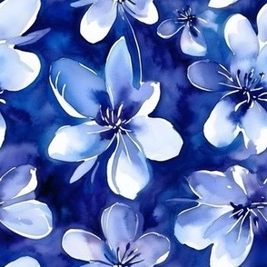Dark Blue Watercolor Florals / Small Scale