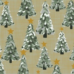 Christmas trees gold stars on green and gold burlap