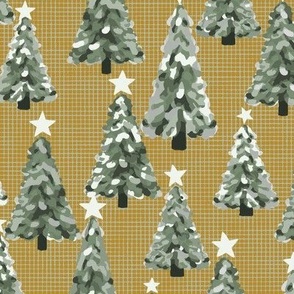 Christmas trees pale stars on Gold and Green Burlap
