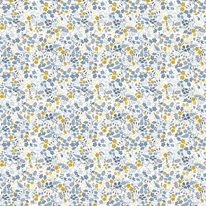 Ditsy Flower Fabric Blue Mustard Small Scale White Background