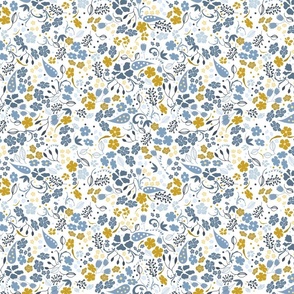 Ditsy Flower Fabric Blue Mustard on White Background Medium Scale