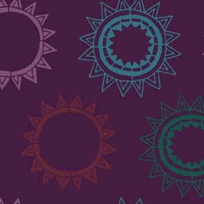 Large - Dark & Moody, Geometric Whimsigoth Stylised Sun & Stars - Purple, Teal, Green & Crimson