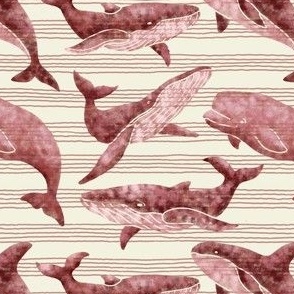 Textured Dark Red Whales | Light striped background