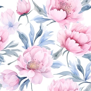 Delicate Pink and Blue Peonies / Large Scale