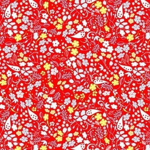 Ditsy Flower Fabric, Yellow White Pale Blue on Red, Small Scale