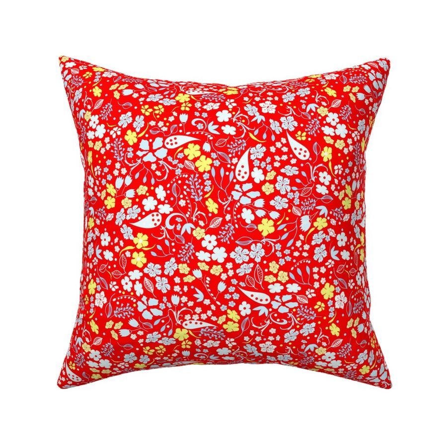 Ditsy Flowers and Leaves Floral Red Yellow White Pale Blue Medium