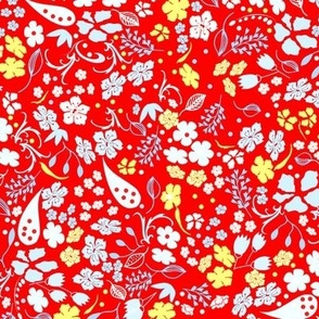 Ditsy Flower Fabric, Yellow White Pale Blue on Red, Medium Scale