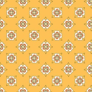 French country simple geometric floral pattern in orange, white, green on yellow gold