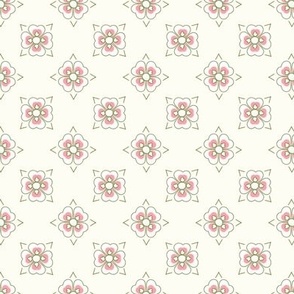 French country simple geometric floral pattern in light green and pink on natural white