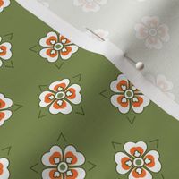 French country simple geometric floral pattern in green, pink and white