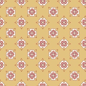 French country simple geometric floral pattern in coral pink and red on wheat gold