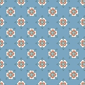  French country simple geometric floral pattern in coral pink, green on wave blue