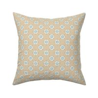 French country simple geometric floral pattern in light blue and green on beige sand