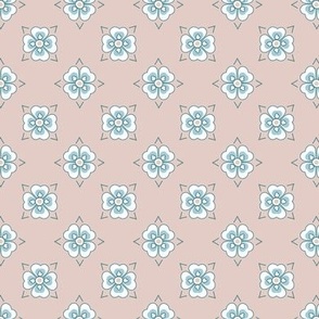 French country simple geometric floral pattern in blue on peach blush