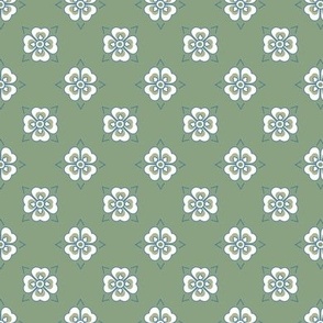 French country simple geometric floral pattern in mistletoe green, grey and blue