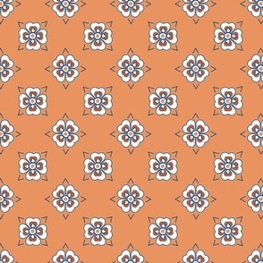 Simple floral rosette geometric pattern in French Country Art Deco style in apricot crush, blue and rustic red