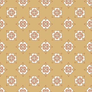 French country simple geometric floral pattern in golden wheat, coral pink and brown