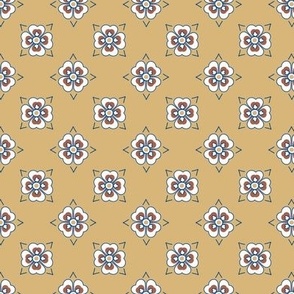 Simple geometric floral rosette pattern in French country style in gold, blue and red