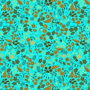 Ditsy Flower Fabric, Edgy Autumn Fall Brown on Turquoise Blue, Small Scale