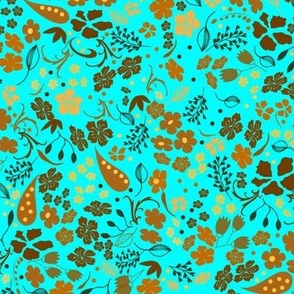 Ditsy Flower Fabric, Edgy Autumn Fall Brown on Turquoise Blue, Medium Scale