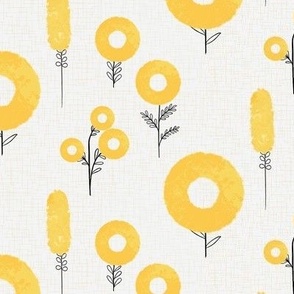  Bold abstract yellow flowers on textured off white, MEDIUM, flowers are 2-4 inches tall