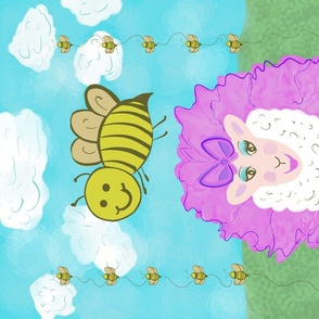 Bee Ewe tea towel. Sheep, bees, flowers, tutu, pink. Kids wall hanging