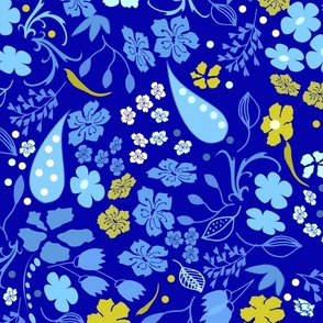 Ditsy Flower Fabric, Blue and Mustard on Blue, Small Scale