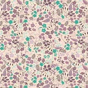 Ditsy Flower Fabric, Heather Eggplant and Green on Cream, small scale