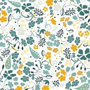 Ditsy Flower Fabric, Duckegg Green and Mustard Gold Yellow on White, Medium Scale