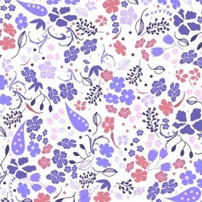 Ditsy Flower Fabric Violet Lilac Muted Pink Purple on White, Medium Scale