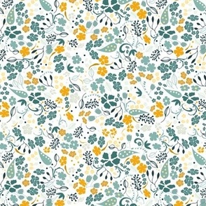 Ditsy Flower Fabric, Duckegg Green and Mustard Gold Yellow on White, Small Scale