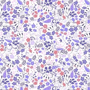 Ditsy Flower Fabric Violet Lilac Muted Pink Purple on White, Small Scale