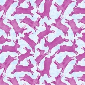 Magenta Pink Rabbits Jumping - Ditsy Scale - Light Blue Bckg Bunny Bunnies Easter Spring