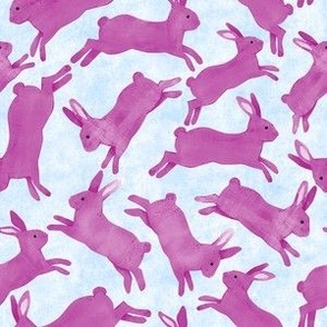 Magenta Pink Rabbits Jumping - Small Scale - Light Blue Bckg Bunny Bunnies Easter Spring