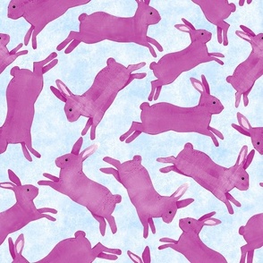Magenta Pink Rabbits Jumping - Medium Scale - Light Blue Bckg Bunny Bunnies Easter Spring