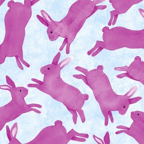 Magenta Pink Rabbits Jumping - Large  Scale - Light Blue Bckg Bunny Bunnies Easter Spring