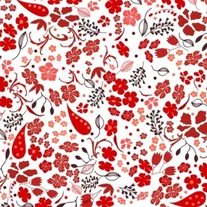 Ditsy Flower Fabric, Red on White, Medium Scale