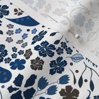 Ditsy Flower Fabric, Navy Blue Dark Grey on White, Medium Scale