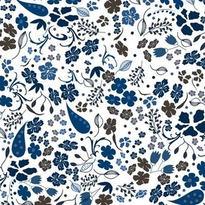 Ditsy Flower Fabric, Navy Blue Dark Grey on White, Medium Scale