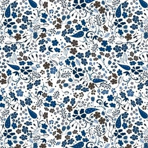 Ditsy Flower Fabric, Navy Blue Dark Grey on White, Small Scale