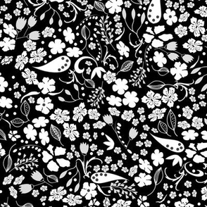Ditsy Flower Fabric Black Grey on White, Medium Scale