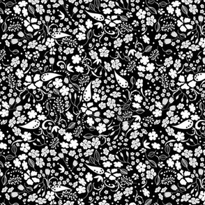Ditsy Flower Fabric Black Grey on White, Small Scale